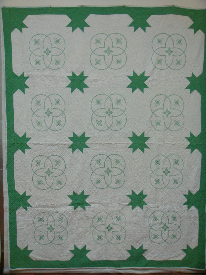 Antique Green & White Cross-stitch & Pieced Quilt