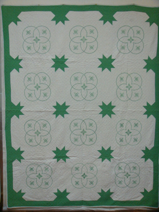 Antique Green & White Cross-stitch & Pieced Quilt